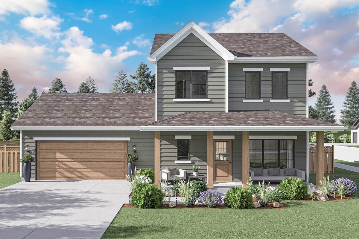 House plan exterior. Two-story Modern Farmhouse with a gabled roof, covered front porch, and attached garage. Includes dormers on the upper level.