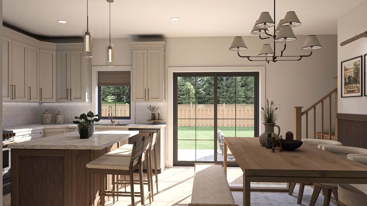 Kitchen and dining area rendering with island, sliding glass doors to backyard, and wood staircase.