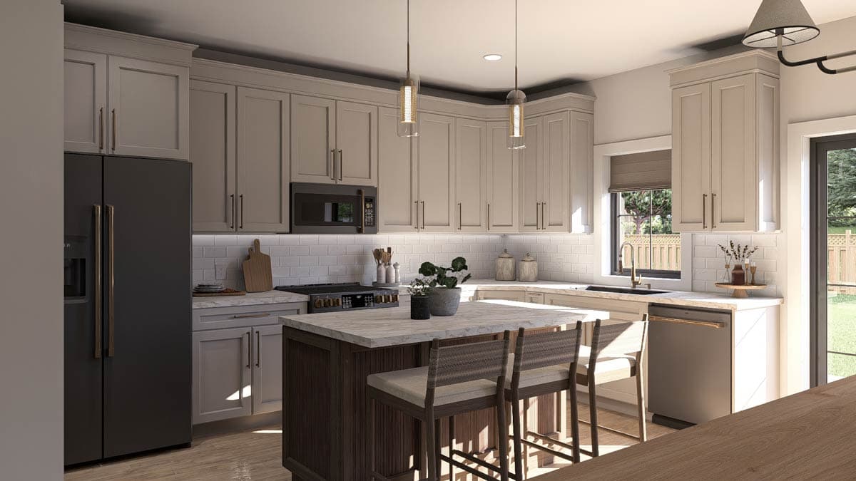 Kitchen rendering with light gray cabinets, subway tile backsplash, island with seating, dark refrigerator, and stainless steel appliances.