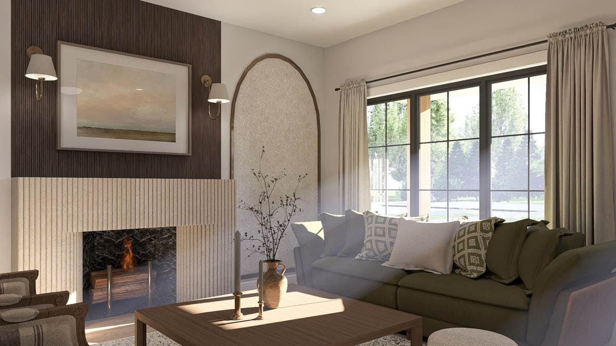 Living room with fireplace, arched textured wall, sectional sofa, and large grid windows.
