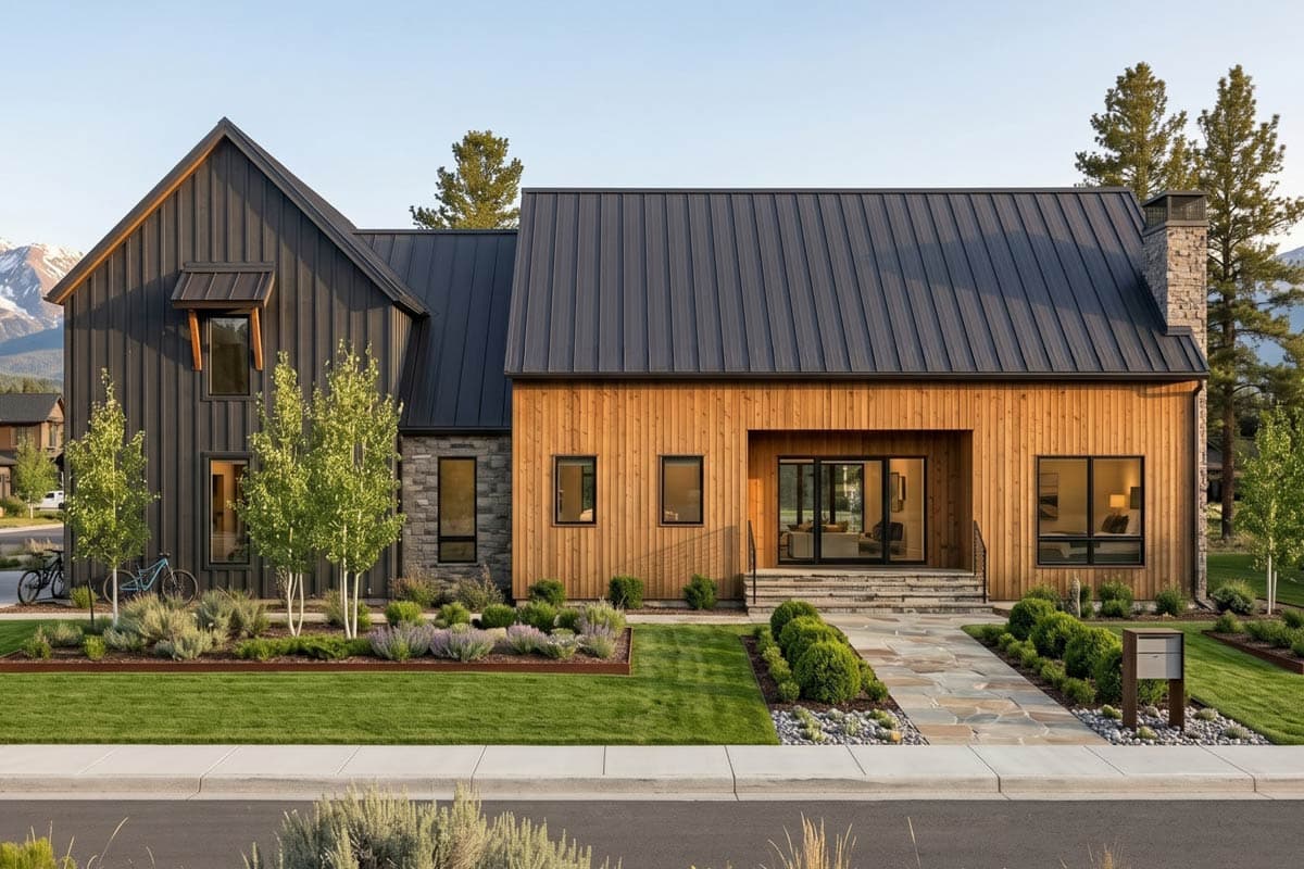 Modern house plan exterior with standing seam metal roof, wood siding, stone accents, and prominent gable.