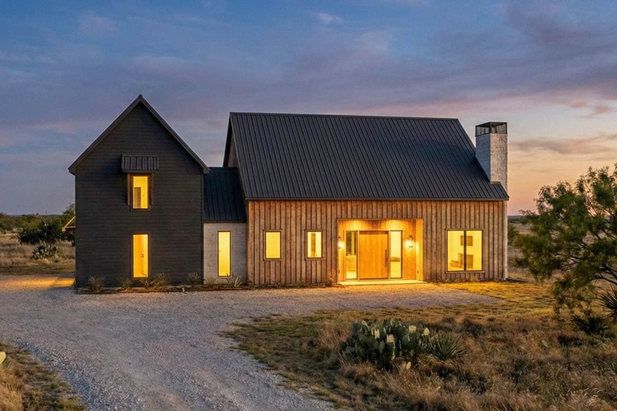 Modern farmhouse exterior with dark siding, natural wood siding, metal roof, and stone chimney.