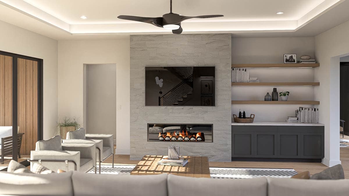 Interior rendering of a living room with a linear fireplace, mounted television, recessed ceiling lights, and built-in shelving.