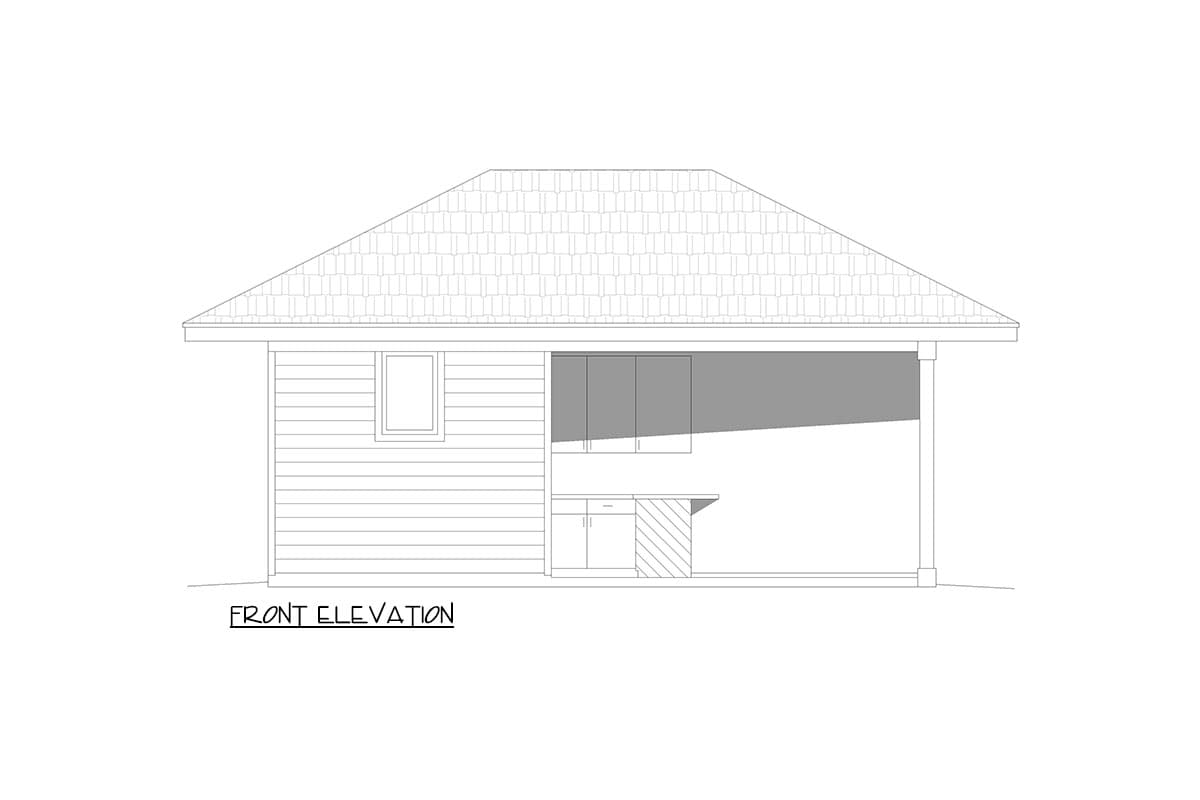 Front elevation drawing of a house plan featuring horizontal siding, a single window, and an open porch with an outdoor kitchen counter.