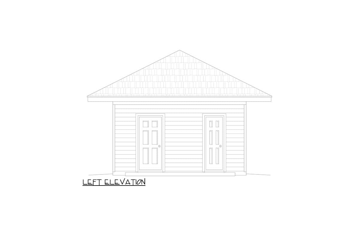 Left elevation house plan drawing showing a building with a gable roof, horizontal siding, and two panel doors.