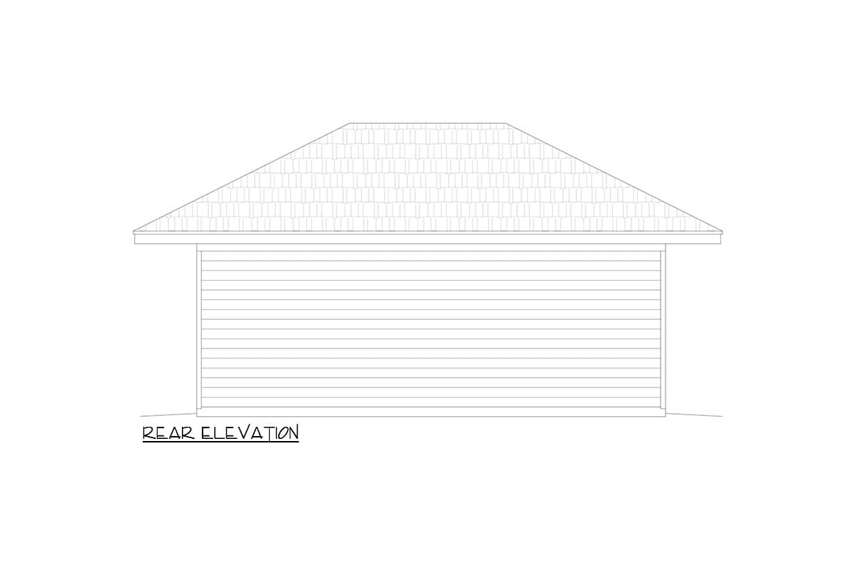 Rear elevation drawing of a house with horizontal siding and a shingled hip roof.