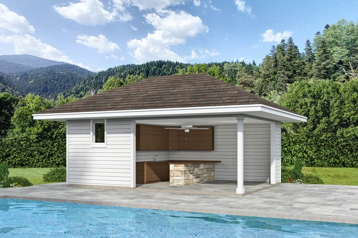 House plan exterior. One-story structure with gabled roof, horizontal siding, and a covered patio area with a stone-clad bar.