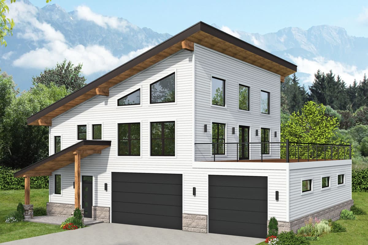 House plan exterior. Two-story modern style with shed roof, covered entry, and upper-level balcony. Features include large windows and two-car garage.