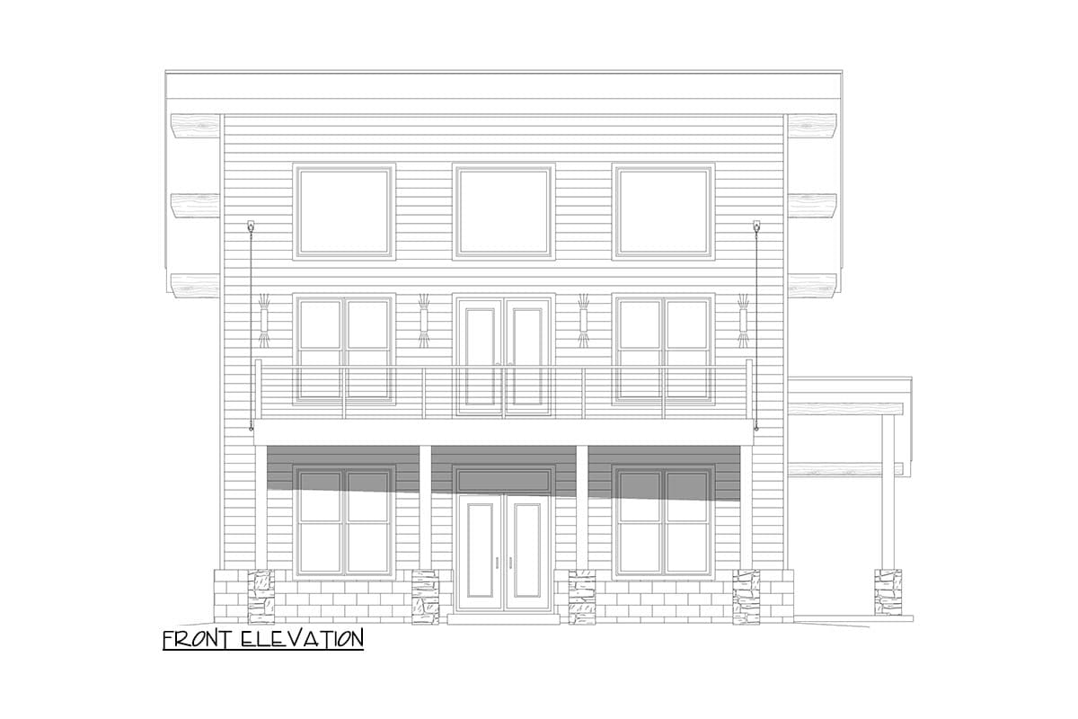 Front elevation drawing of a two-story house plan with stacked windows, central balconies, and stone-clad supports.