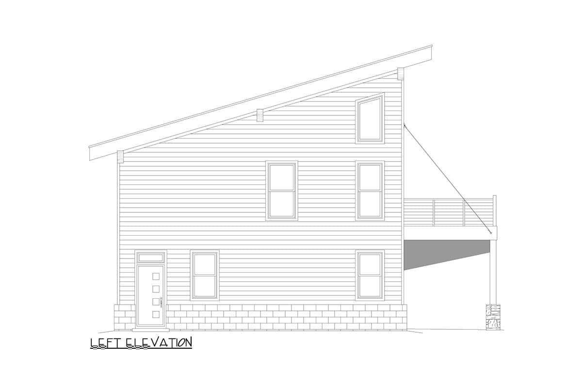Left elevation of a house plan featuring a steeply pitched roof, horizontal siding, multiple windows, and a raised deck.