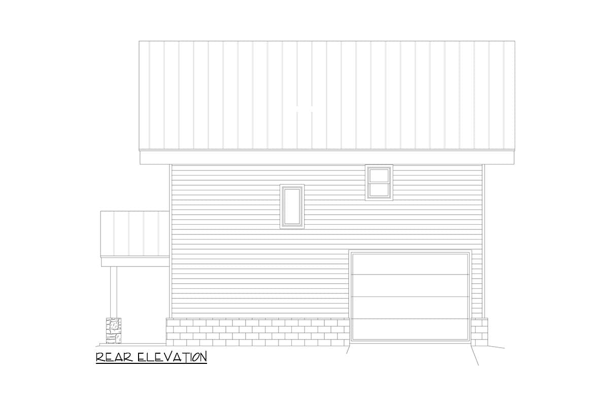 Rear elevation drawing of a house plan showing horizontal siding, a garage door, two windows, and a partial covered entrance.
