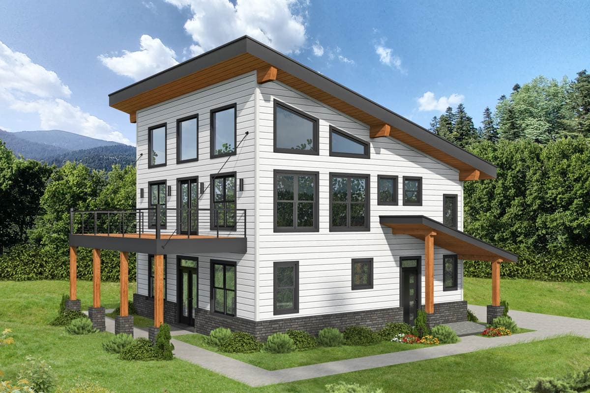 House plan exterior with modern style, two stories, balcony, shed roof, and covered entry porch with timber posts.