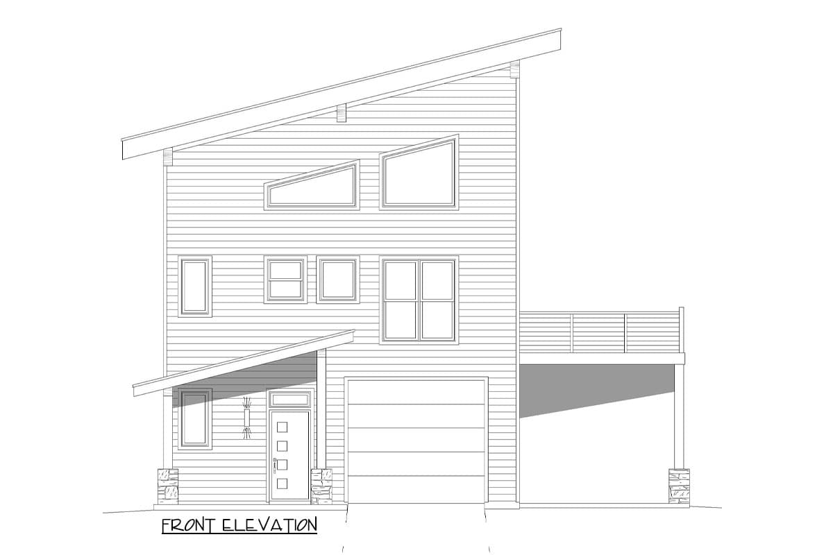 Front elevation drawing of a two-story modern house with a sloped roof, diverse window shapes, covered porch, and attached garage.