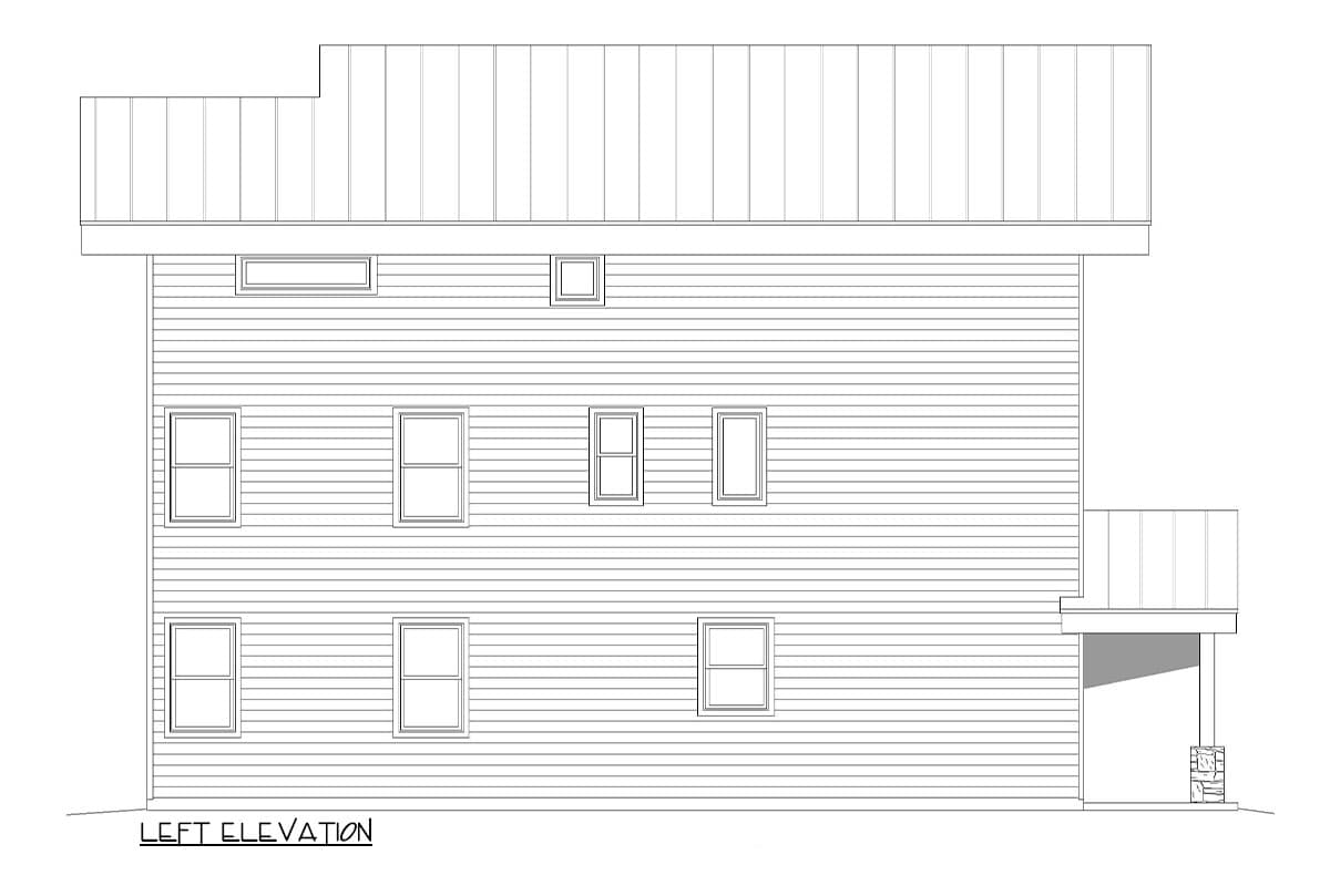 Left elevation house plan drawing showing horizontal siding, multiple windows, and a covered porch with stone supports.