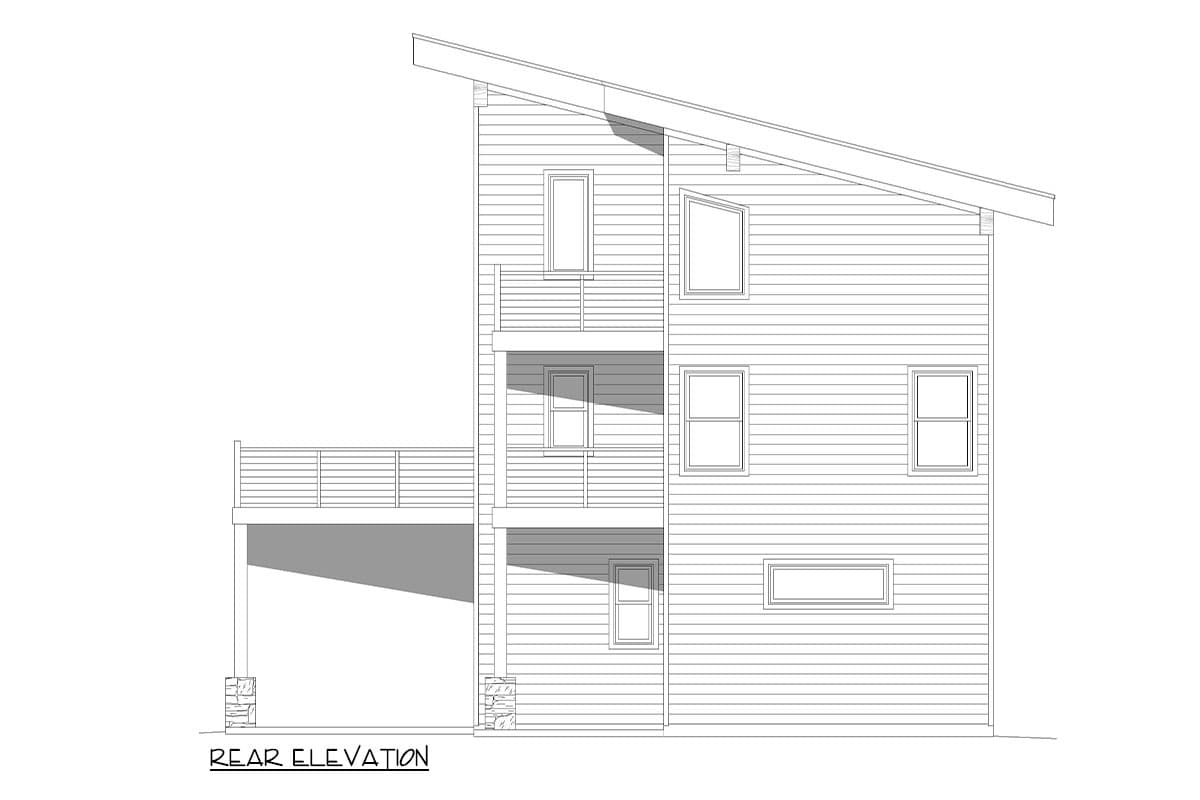Rear elevation drawing of a modern house with a sloping roofline, multiple levels, a deck, and stone-clad supports.