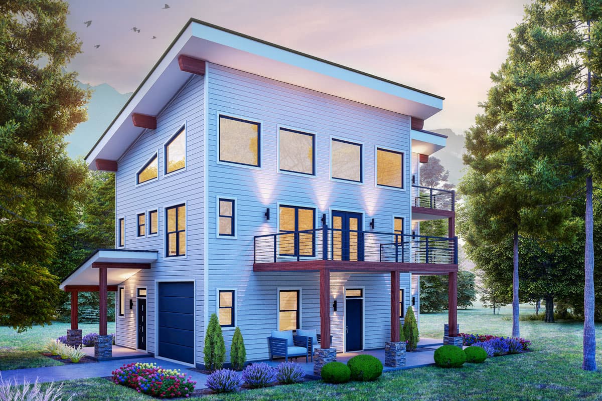 House plan exterior. A modern, two-story home with a shed roof, second-story balcony, and attached garage. Featuring large windows and wood accents.
