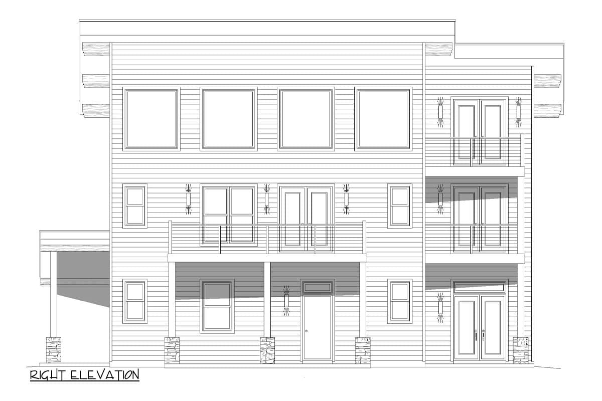 Right elevation house plan drawing shows a three-story structure with horizontal siding, multiple windows, balconies, and a covered entrance.