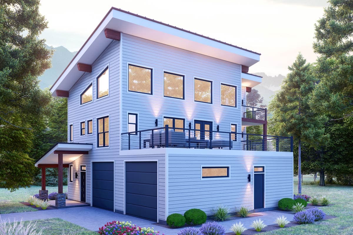 House plan exterior. Two-story modern style with a shed roof, exposed beams, and a covered entry. Features a balcony and two-car garage.