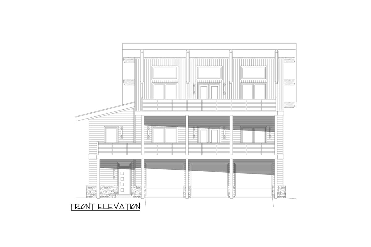 Front elevation drawing of a three-story house with multiple balconies, large windows, and a four-car garage.