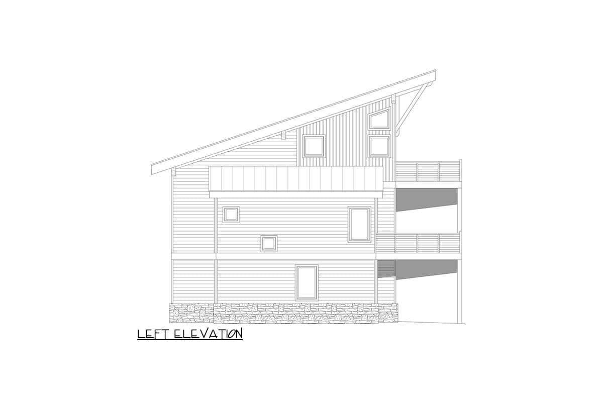 Left elevation drawing of a house plan with a sloped roof, stone foundation, and multiple balconies.