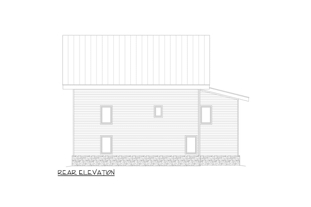 Rear elevation drawing of a house with horizontal siding, stone base, and a standing seam roof.