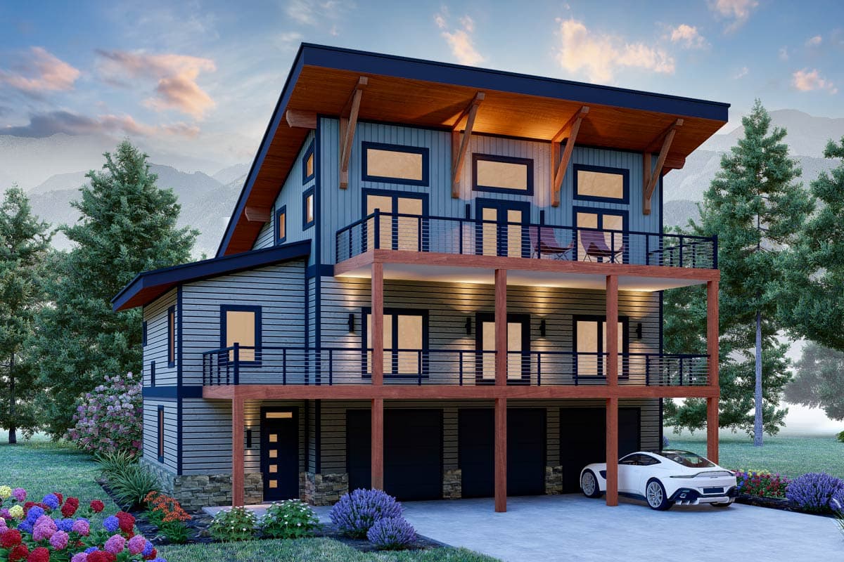 House plan exterior. Two-story home with a modern design featuring a balcony, timber frame accents, and a covered garage area.
