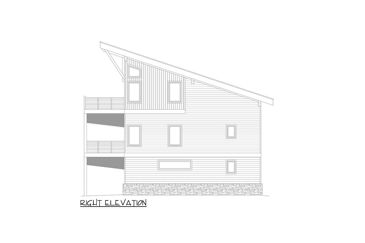 Right elevation drawing of a multi-story house with a sloped roof, balconies, horizontal siding, and stone foundation.