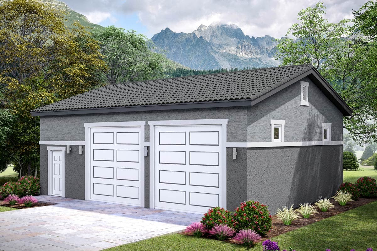House plan exterior. One-story structure with two garage doors and a small side door. Features include a gable roof and small windows.