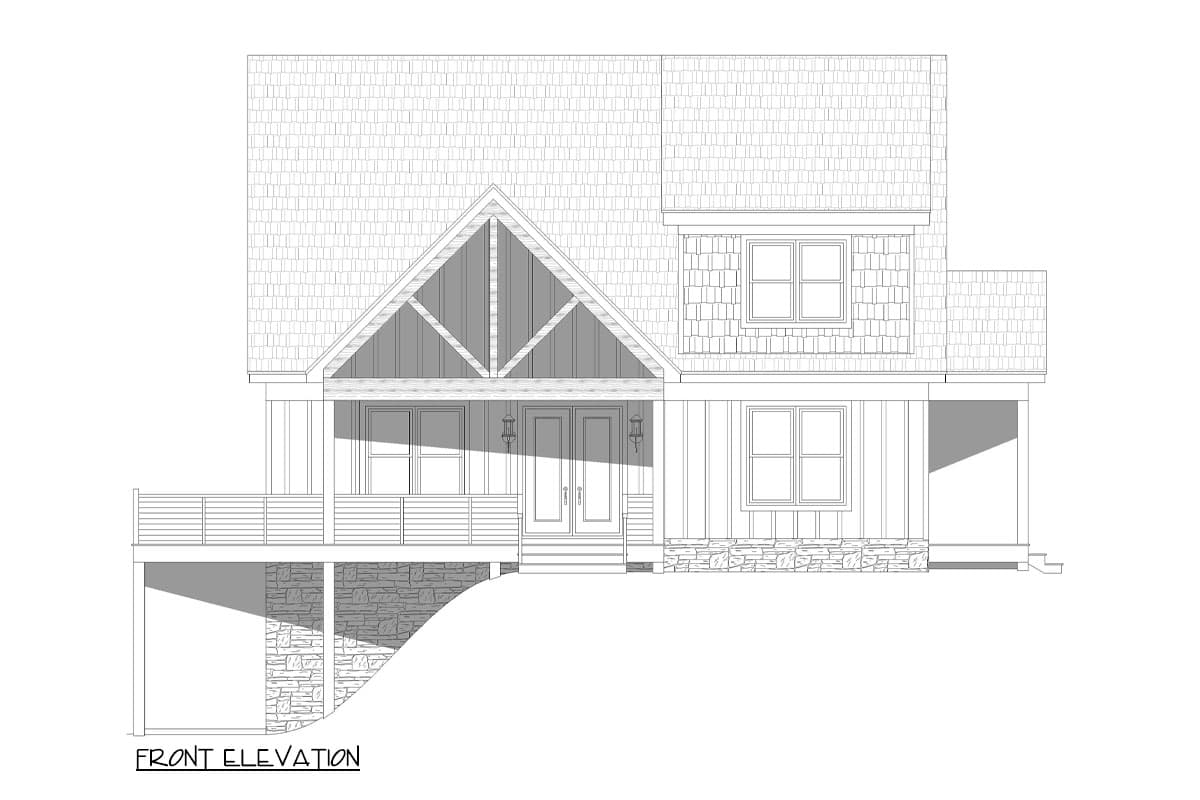 Front elevation house plan featuring a prominent gable with exposed rafters, a covered porch with railing, and stone accents.
