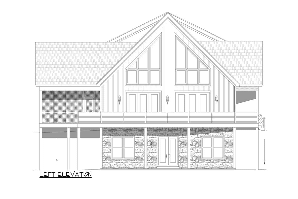 Left elevation house plan with stone foundation, elevated deck, multiple doors, and large gable windows.