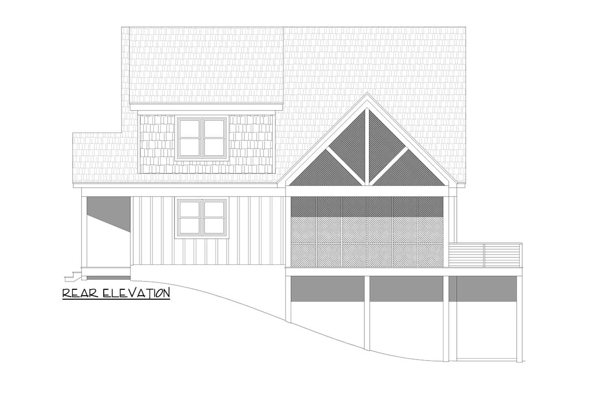 Rear elevation drawing of a house plan featuring a covered porch, dormer window, gable with decorative bracing, and a deck.