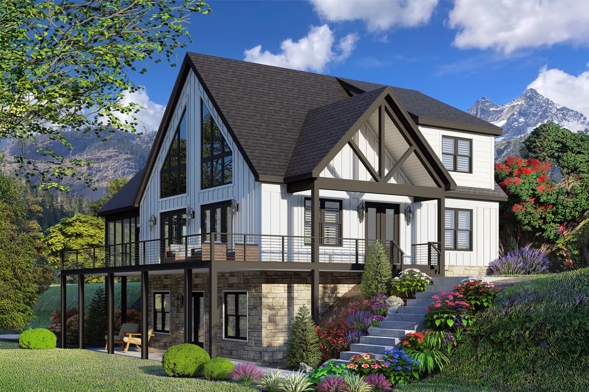 House plan exterior. Two-story Modern Farmhouse with a gabled roof, prominent front entry porch, and balcony with metal railing.