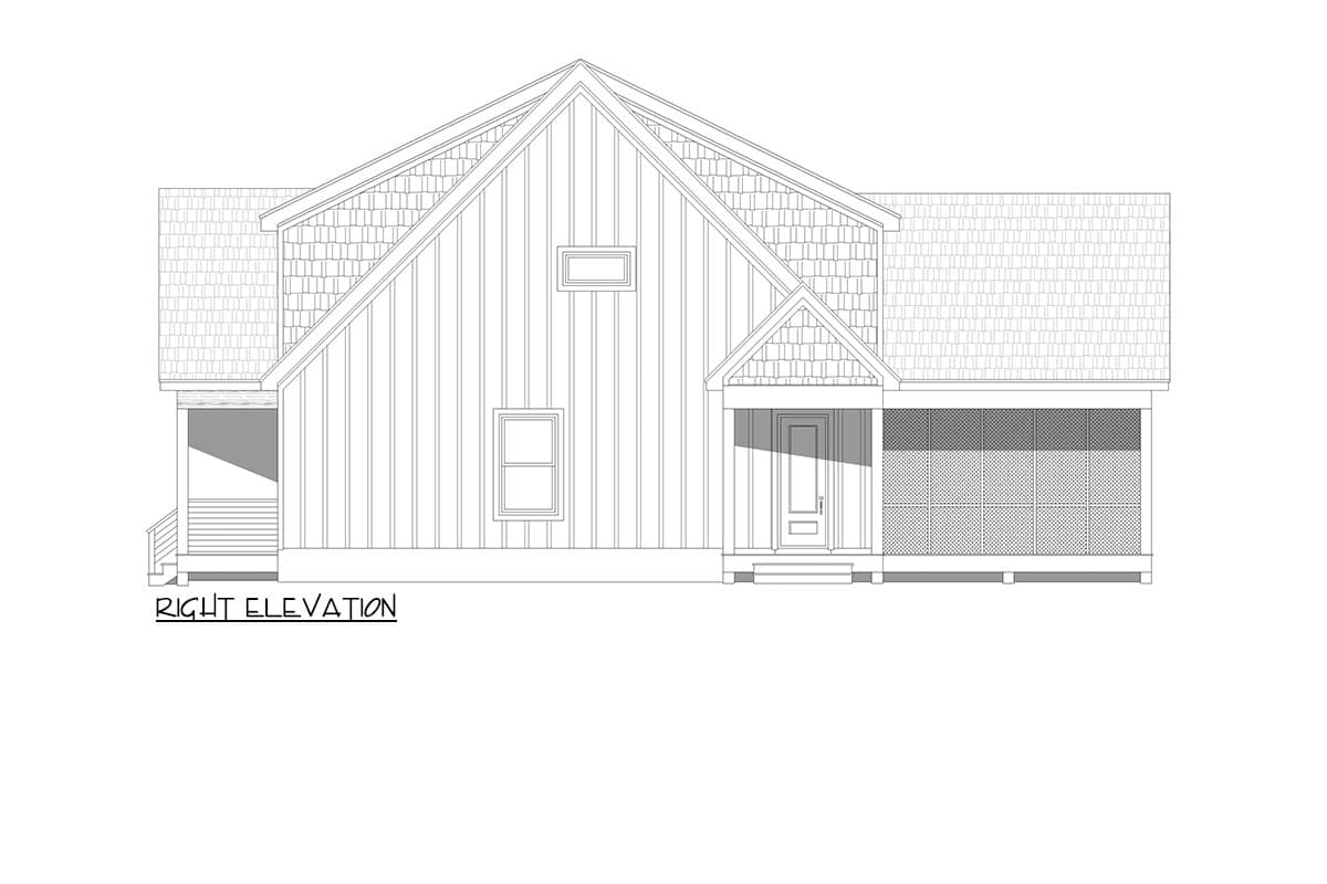 Right elevation drawing of a one-story house plan featuring a gabled roof, front porch, and vertical siding.