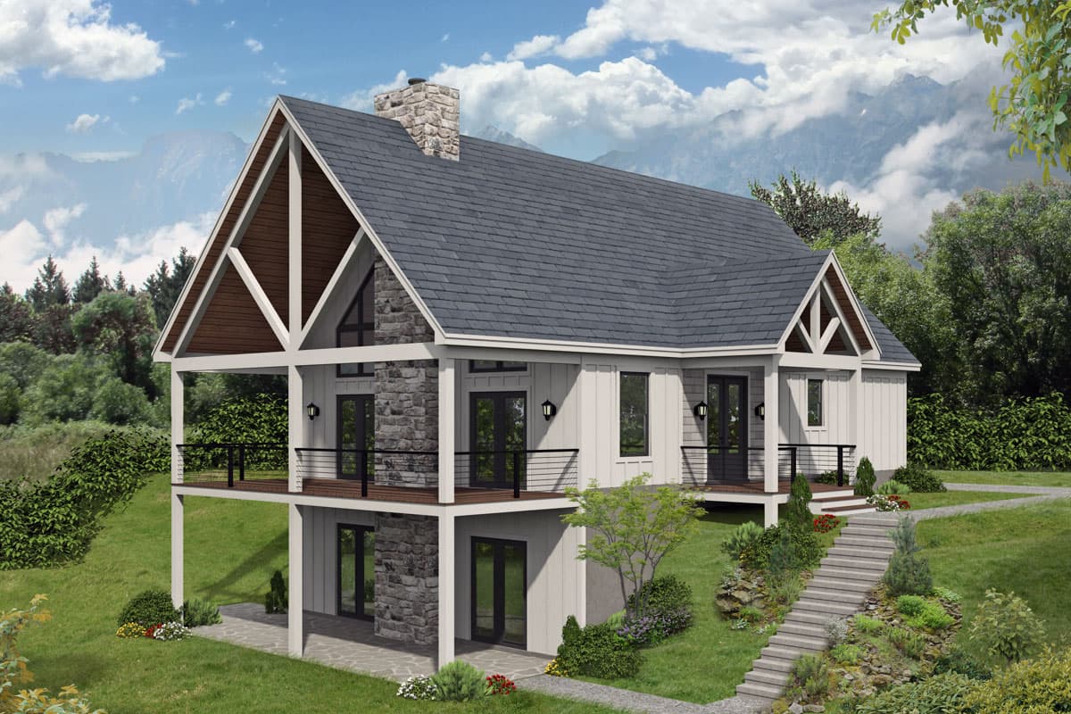 House plan exterior. Two-story Modern Farmhouse with stone chimney and gable roof. Features include covered porch, exposed beams, and multiple gables.