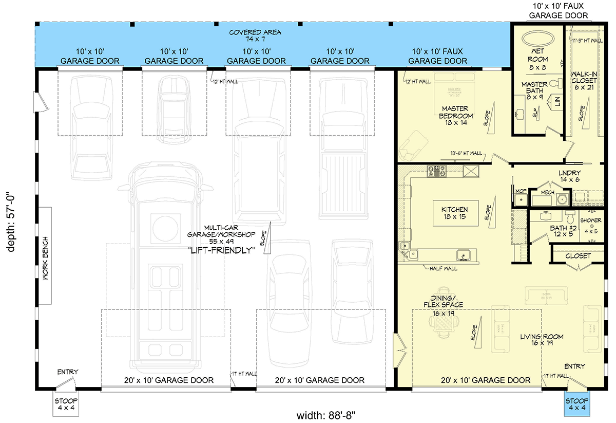 Plan 680518VR: 1-Bed Contemporary House Plan with Oversized 8-Car Garage - 1759 Sq Ft - Floor Plan - Main Level - Contemporary