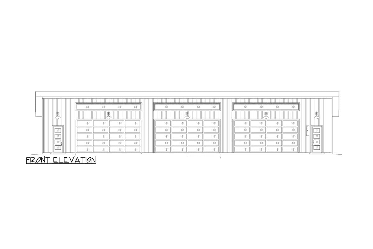 Front elevation drawing of a house with three garage doors, a side door, and vertical siding.