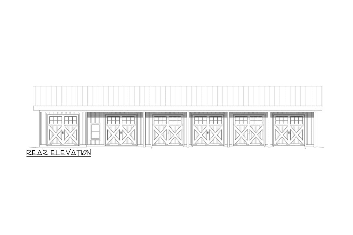 Rear elevation drawing of a six-car garage with barn-style doors and a standing seam roof.