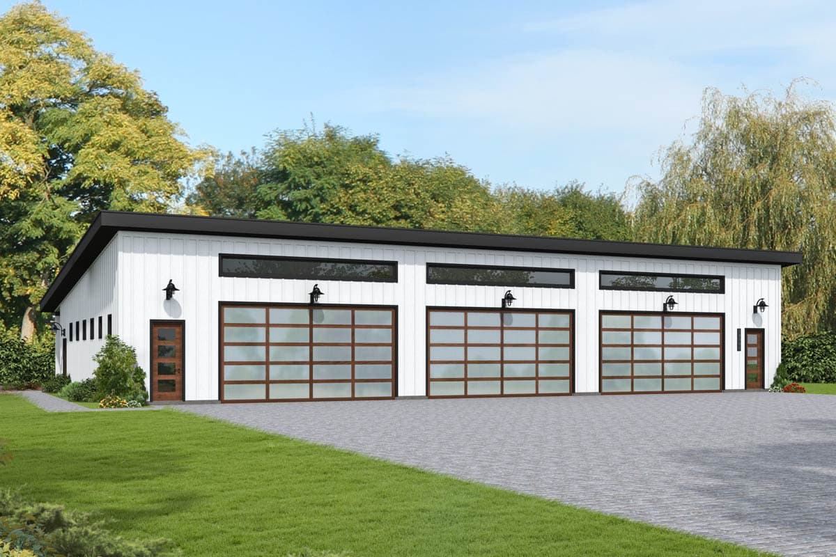 Modern house plan exterior with three-car garage. Features include a flat roof, three glass panel garage doors, and exterior wall lighting.