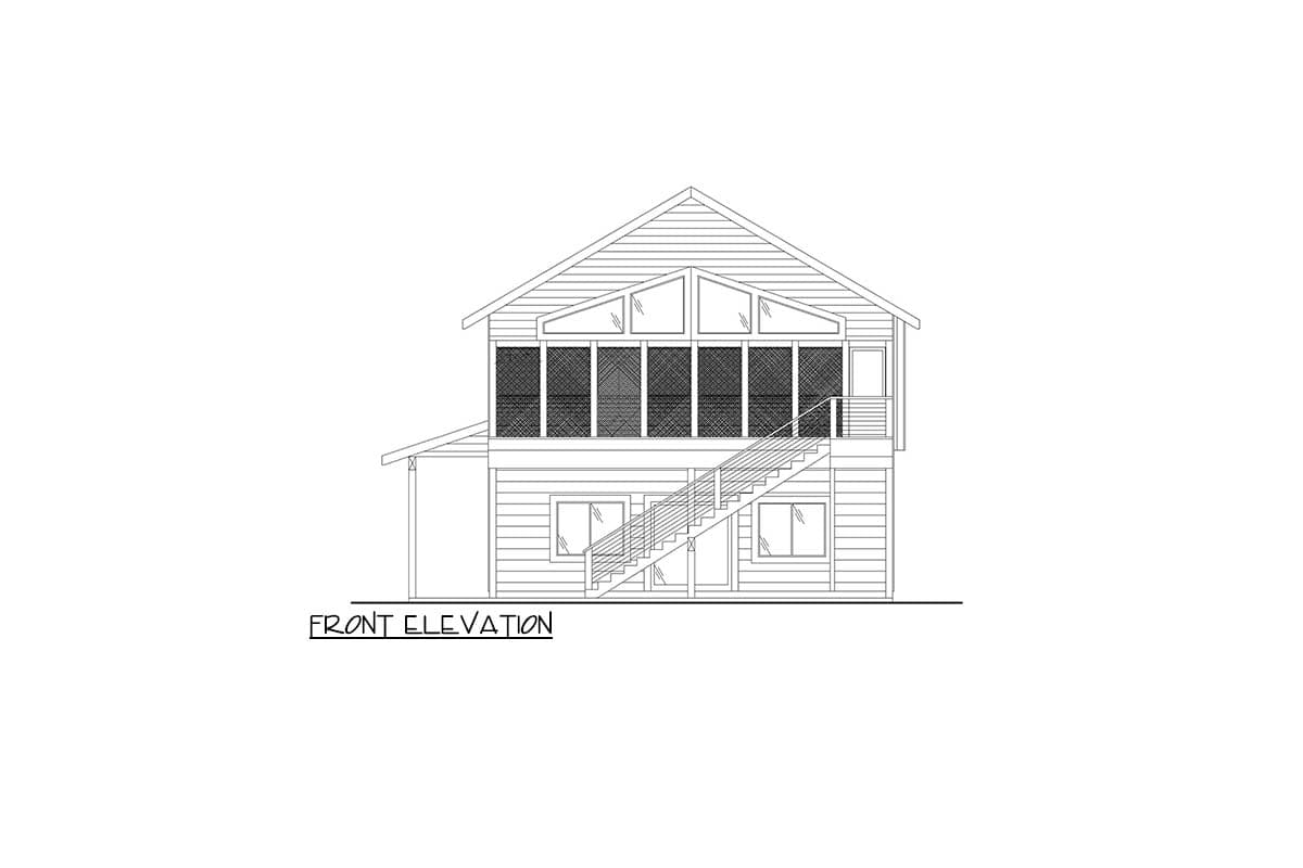 Front elevation drawing of a two-story house with a screened upper porch, gabled roof, and exterior stairs.