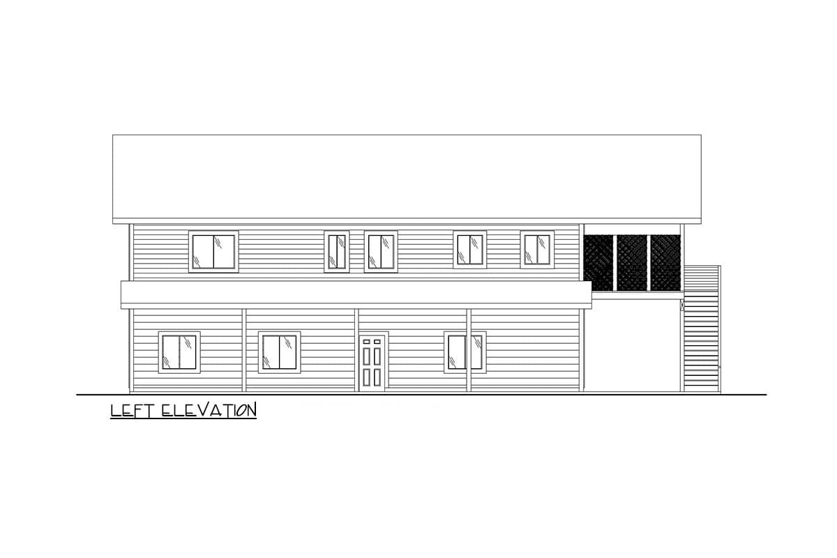 Left elevation drawing of a two-story house with horizontal siding, multiple windows, a central double door, and a screened-in porch.