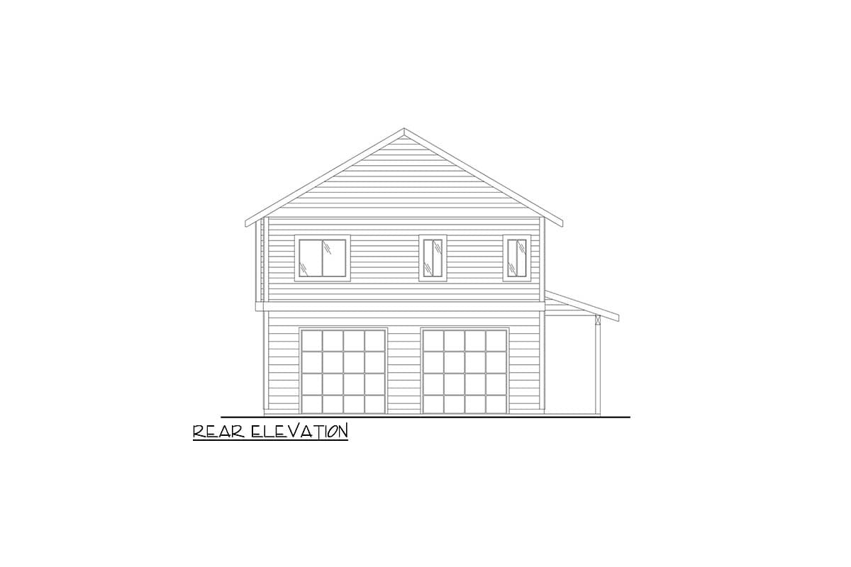 Rear elevation drawing of a two-story house plan with a gable roof and two double garage doors.