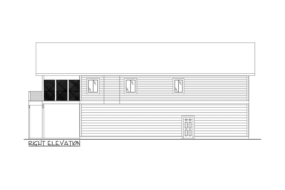 Right elevation house plan showing two stories, screened porch, three upper windows, and a double door on the lower level.