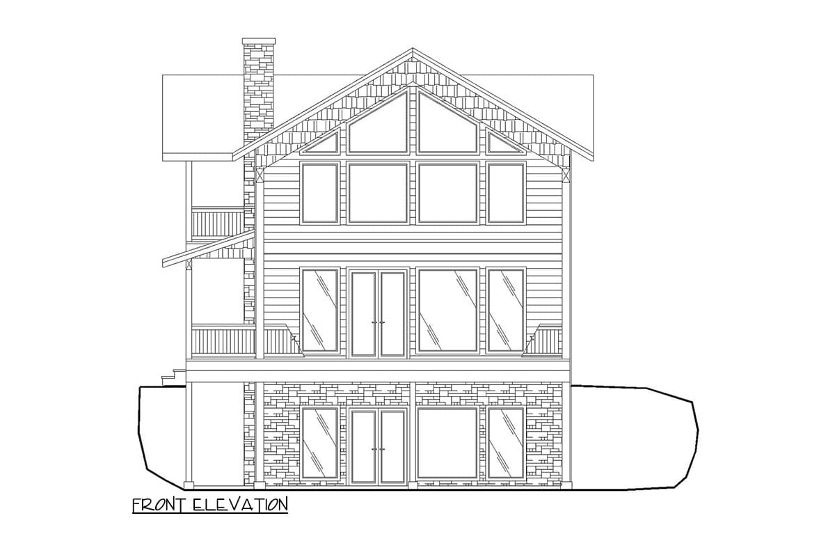 Front elevation of a house plan featuring a prominent gable with stacked windows, siding, stone base, and balconies.