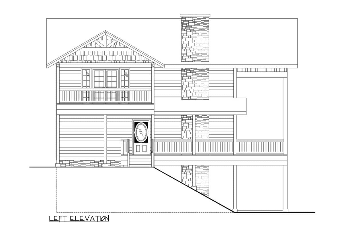Craftsman style house plan left elevation with gabled roof, dormers, balconies, and stone chimney.
