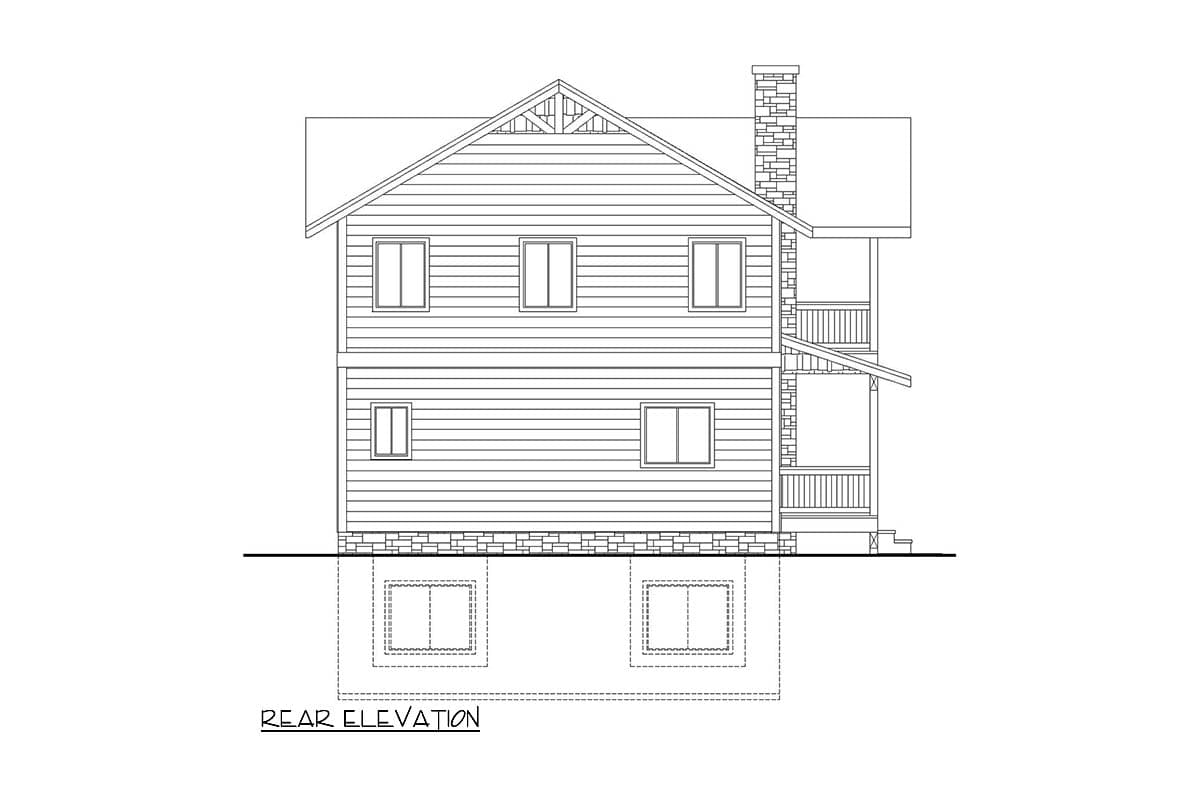 Rear elevation drawing of a two-story house plan with gabled roof, stone chimney, and two decks.