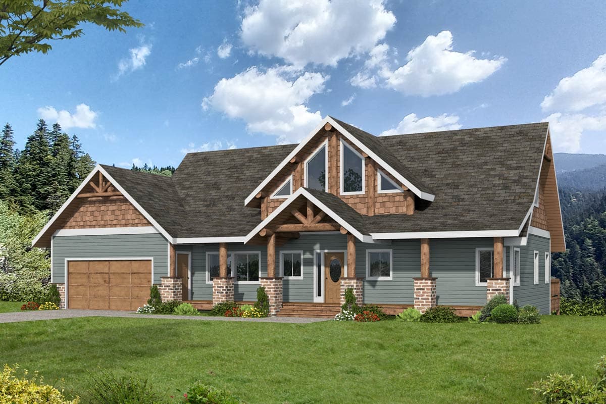 House plan exterior. Craftsman style, one-story home with gables, a covered porch, and a side-entry garage.