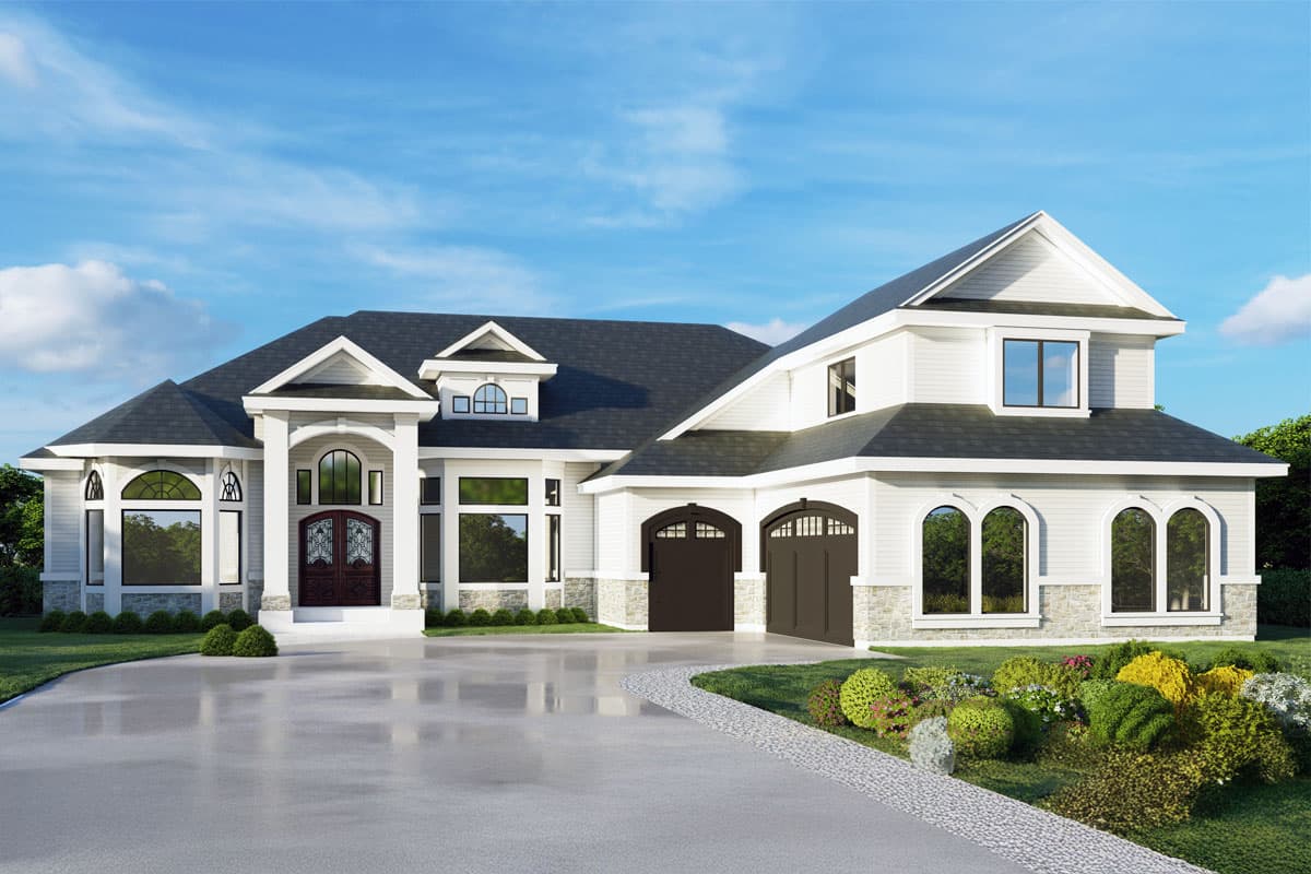 House plan exterior with two stories, gabled roof, arched windows, and attached garage. Includes dormers and a portico over the front entry.