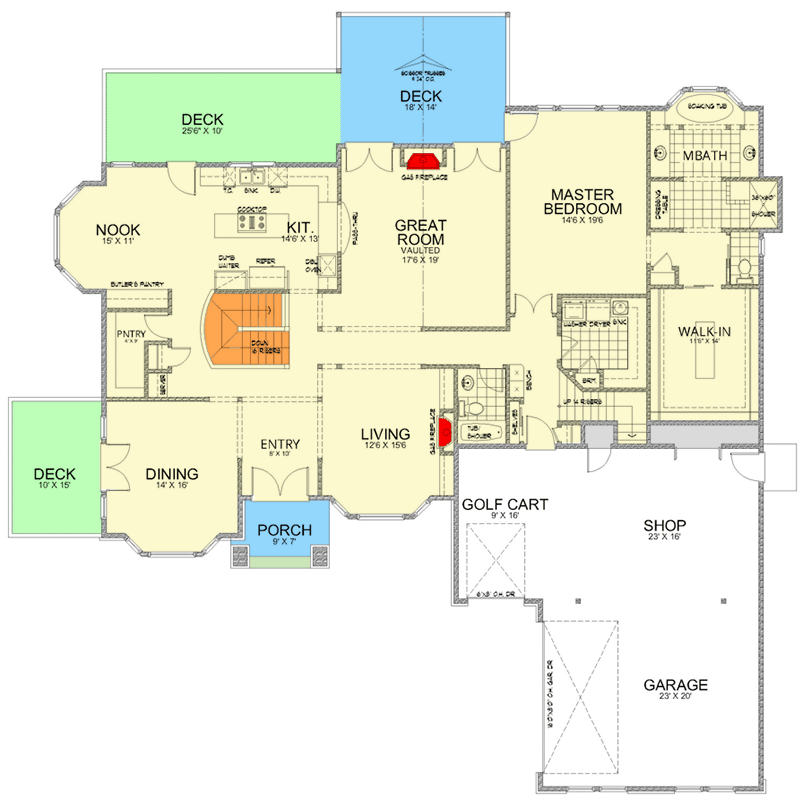 Plan 267058SPK: 2-Bed New American House Plan with Vaulted Great Room - 3255 Sq Ft - Floor Plan - Main Level - New American, Traditional
