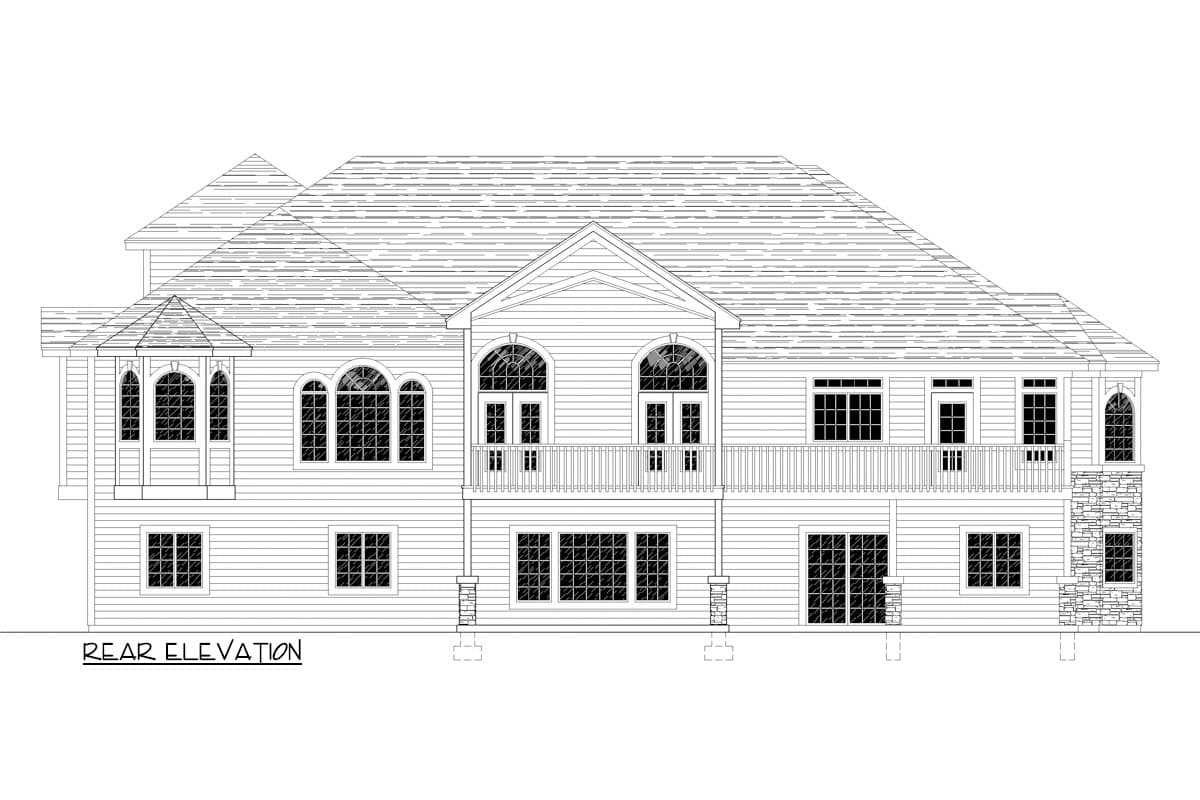 Rear elevation house plan with a multi-level roofline, bay windows, arched upper windows, and a deck.