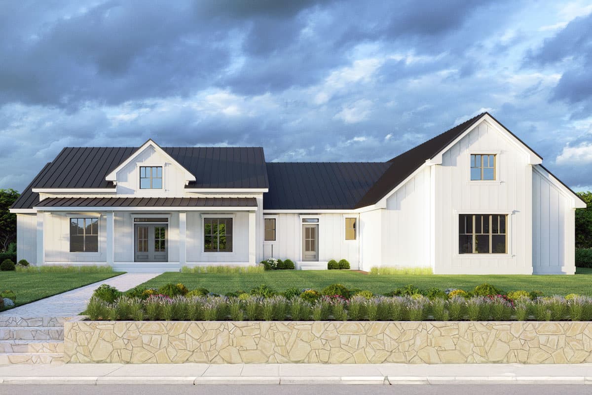 House plan exterior. Two-story Modern Farmhouse with a gabled roof, a covered porch, and a dormer. Features dark metal roof.